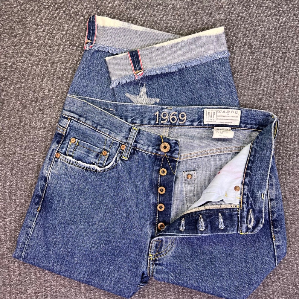 Gap 1969 Jeans Womens 30x25 Blue Air Man Italy Star Graphic Frayed Hem Selvedge